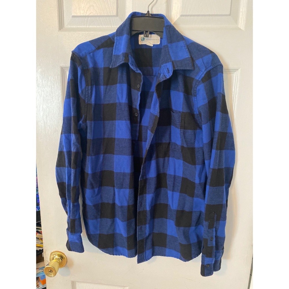 Aeropostale Mens Blue Black‎ Buffalo Plaid Flannel Button Down Shirt Size M